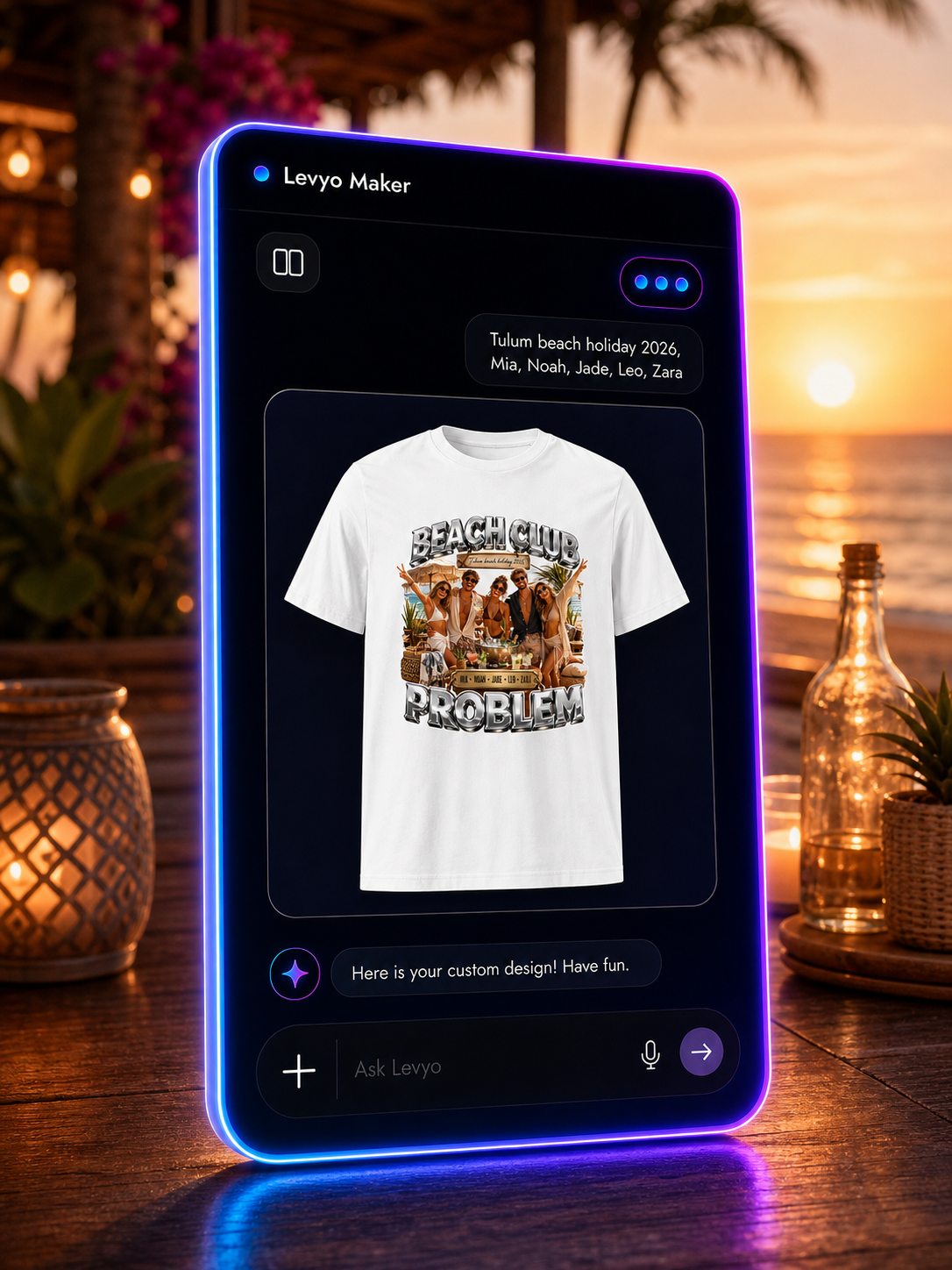 Levyo Maker result screen for beach holiday t shirts