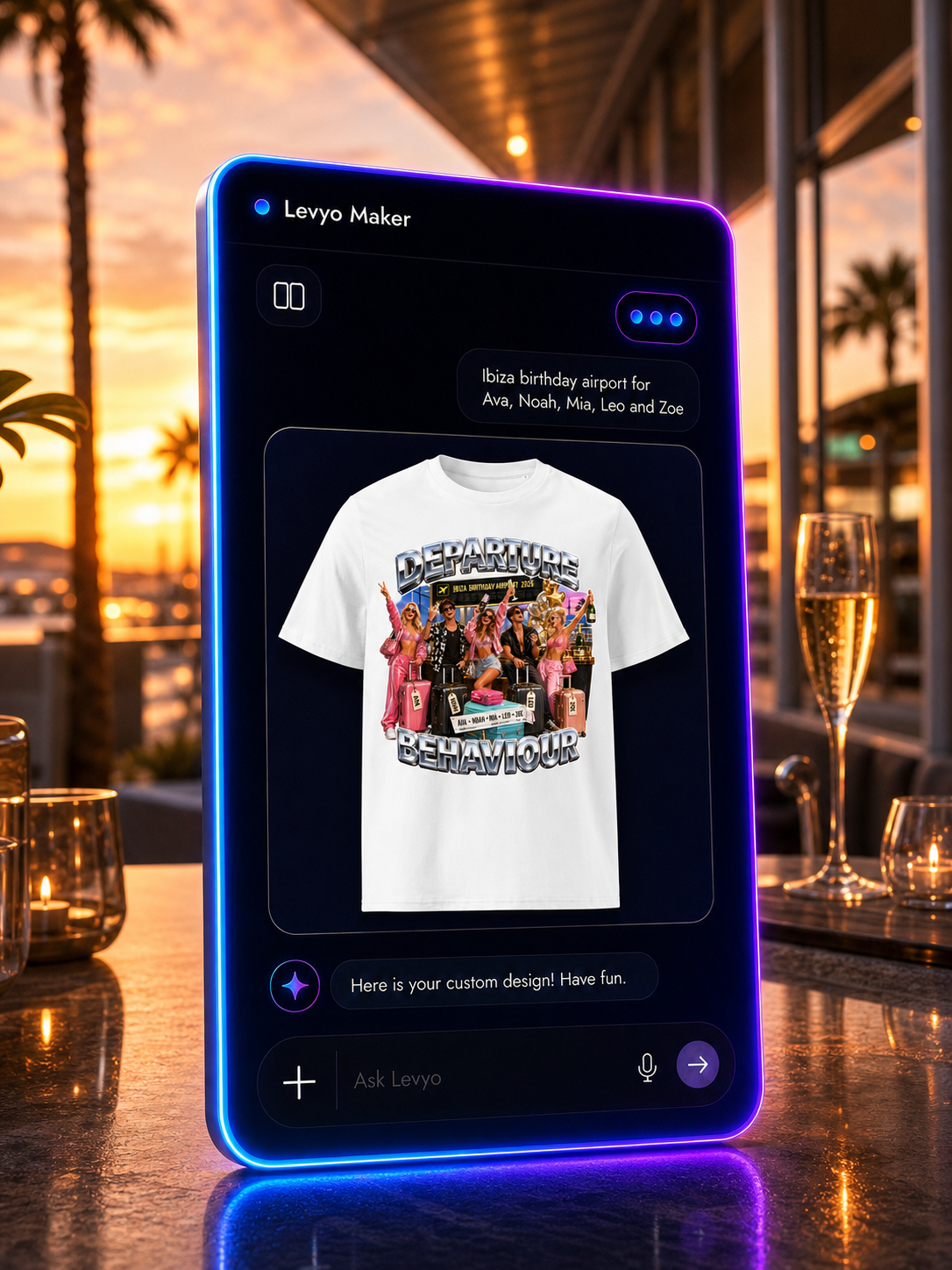Levyo Maker result screen for birthday airport t shirts