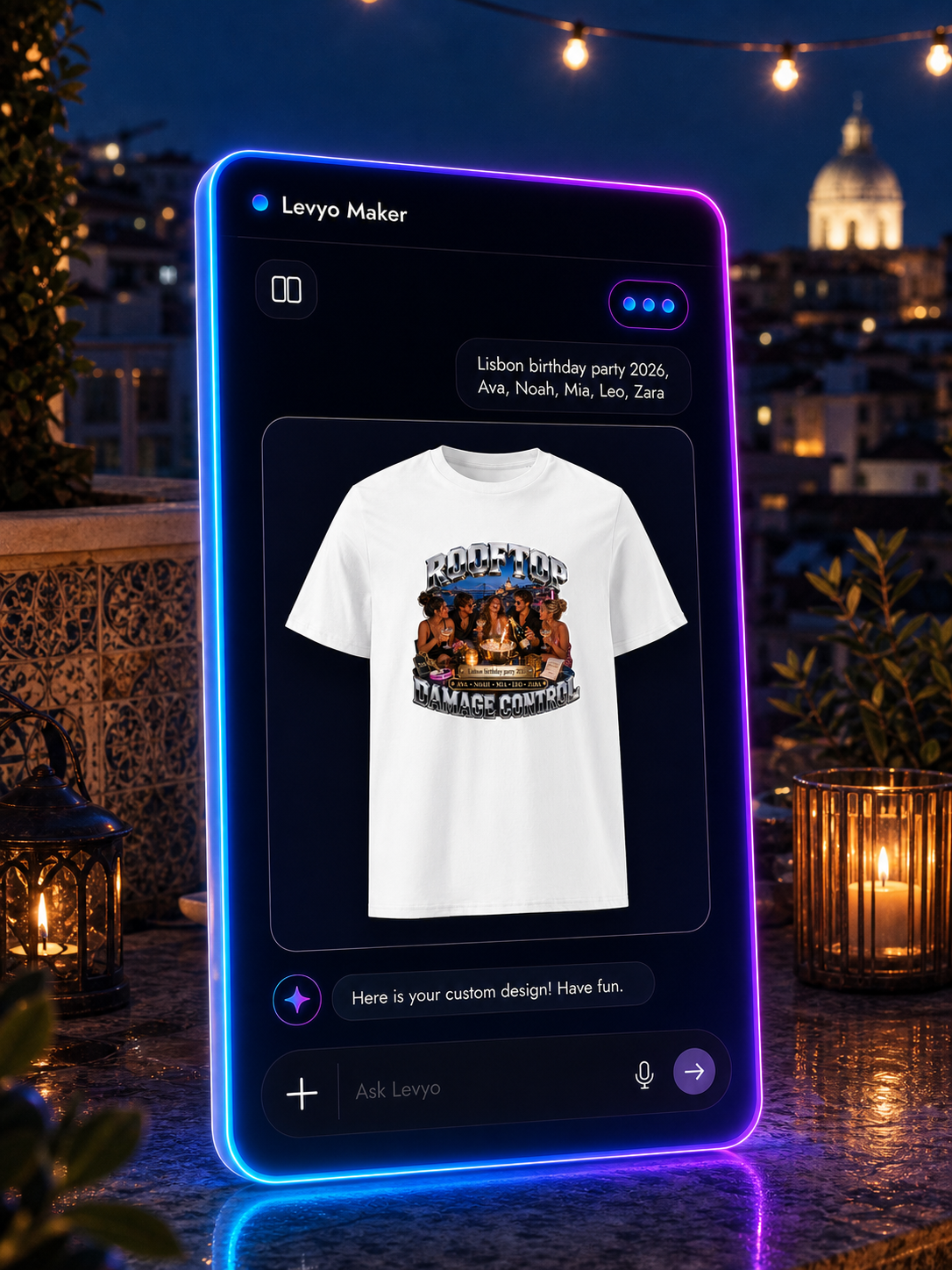 Levyo Maker result screen showing a birthday party shirt design preview