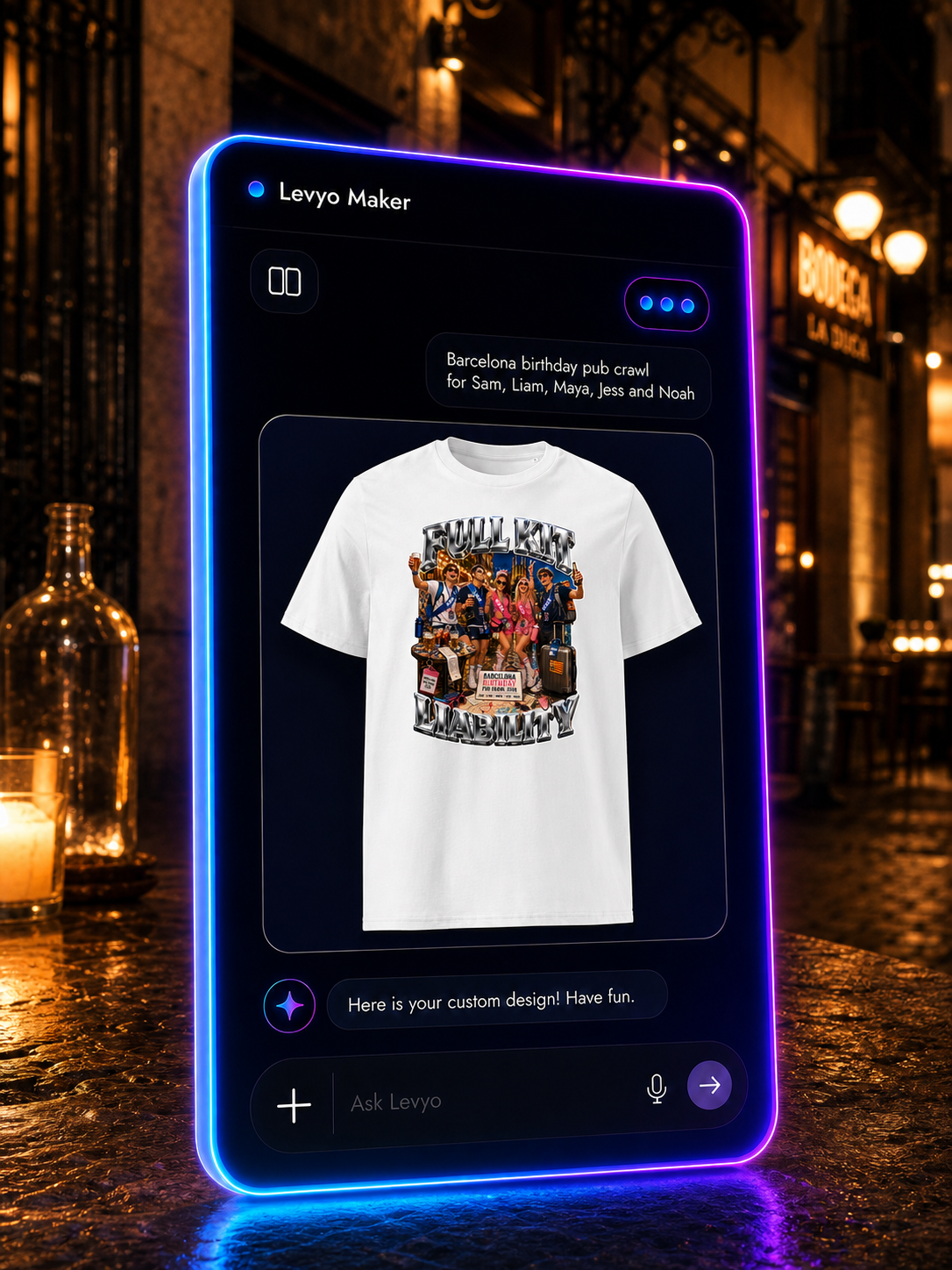 Levyo Maker result screen for birthday pub crawl t shirts