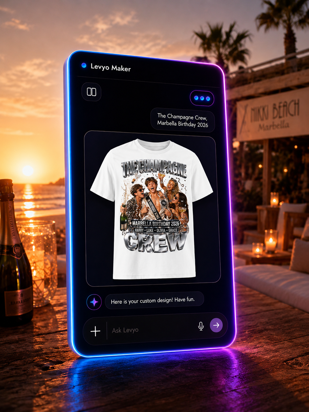 Levyo Maker showing a quick idea-to-shirt example for a birthday-trip group shirt