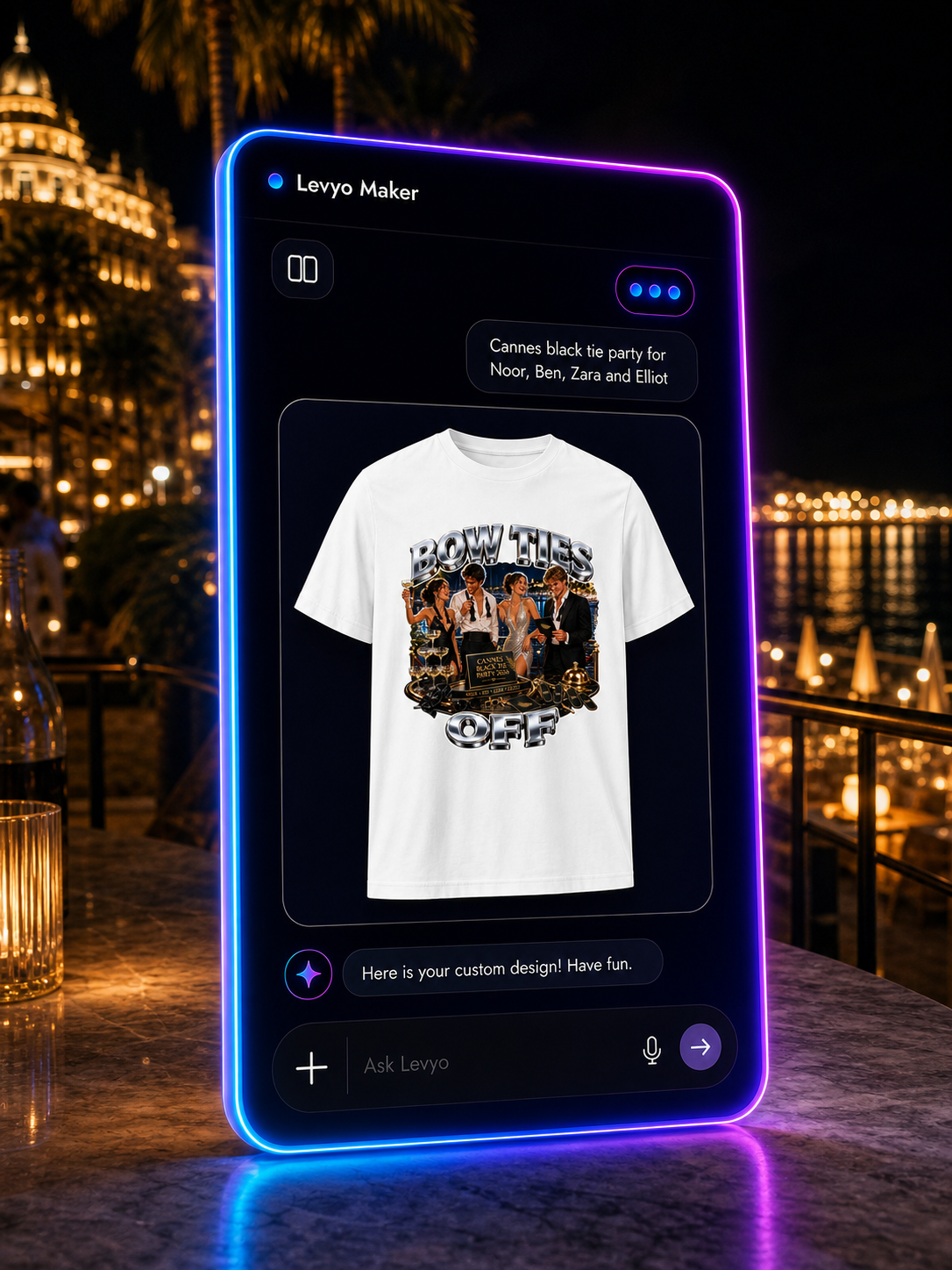 Levyo Maker result screen for black tie party t shirts