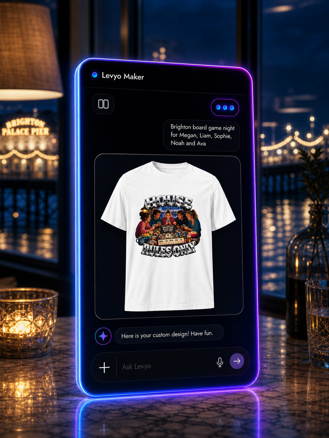 Levyo Maker result screen for board game night t shirts