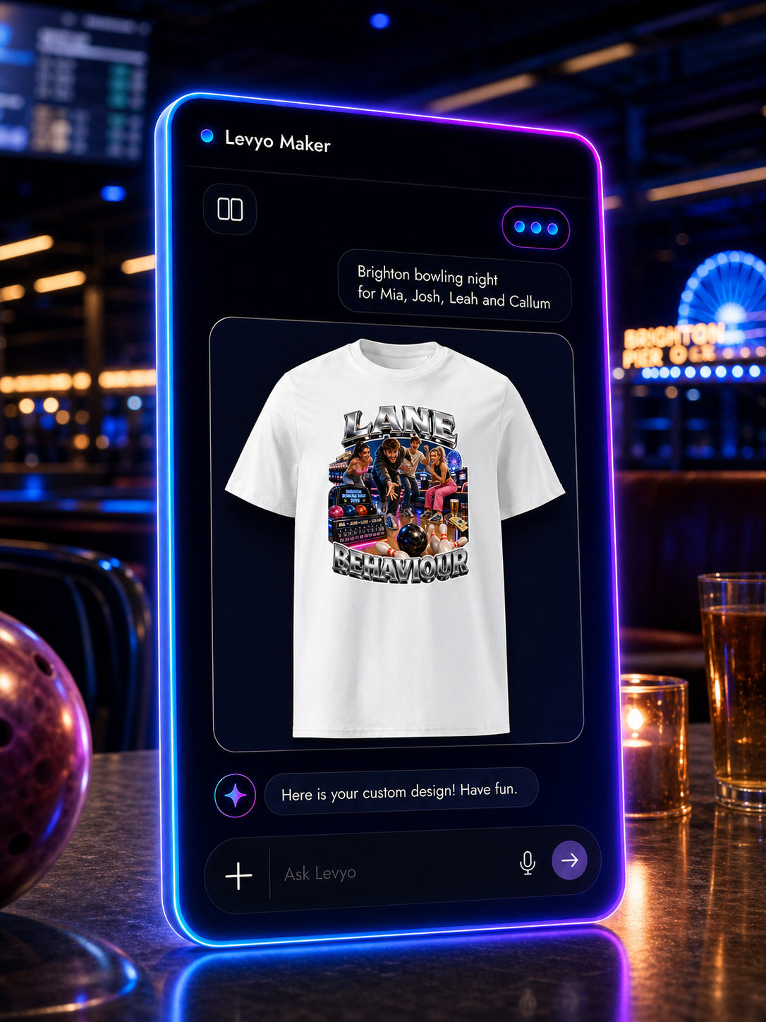 Levyo Maker result screen for bowling night t shirts