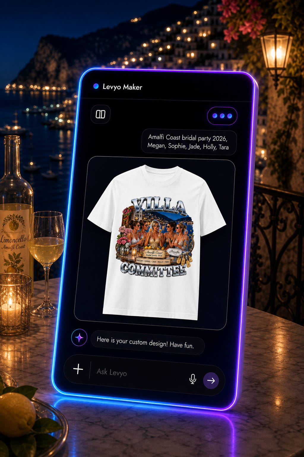 Levyo Maker result screen showing a bridal party shirt design preview
