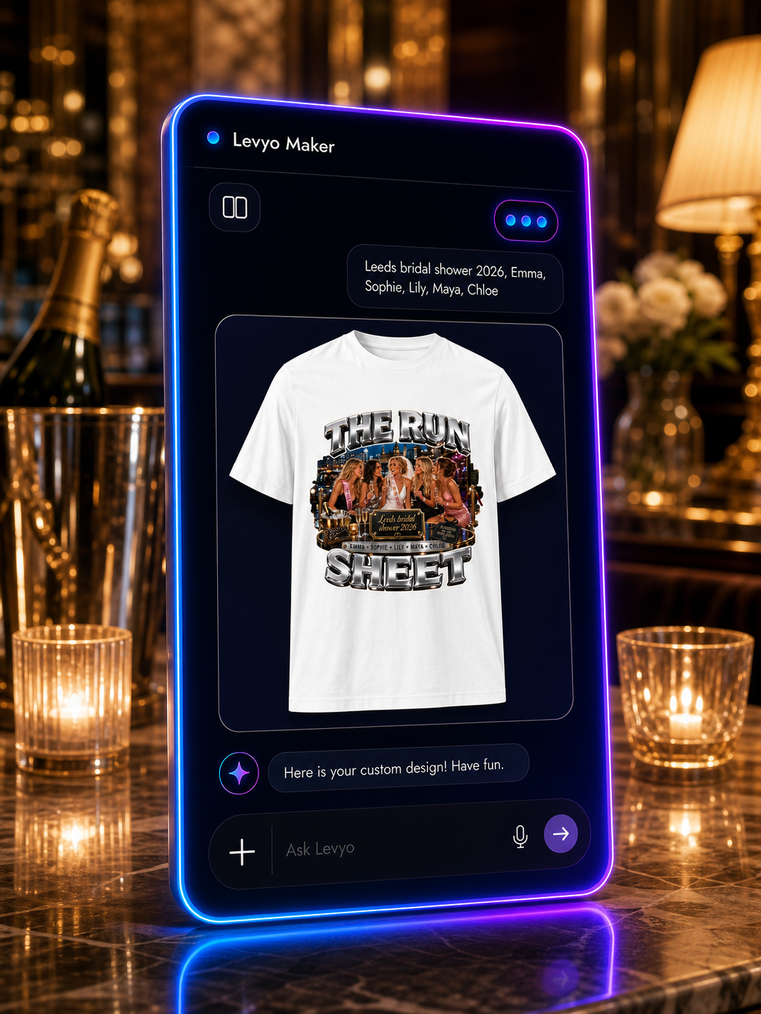 Levyo Maker result screen showing a bridal shower shirt design preview