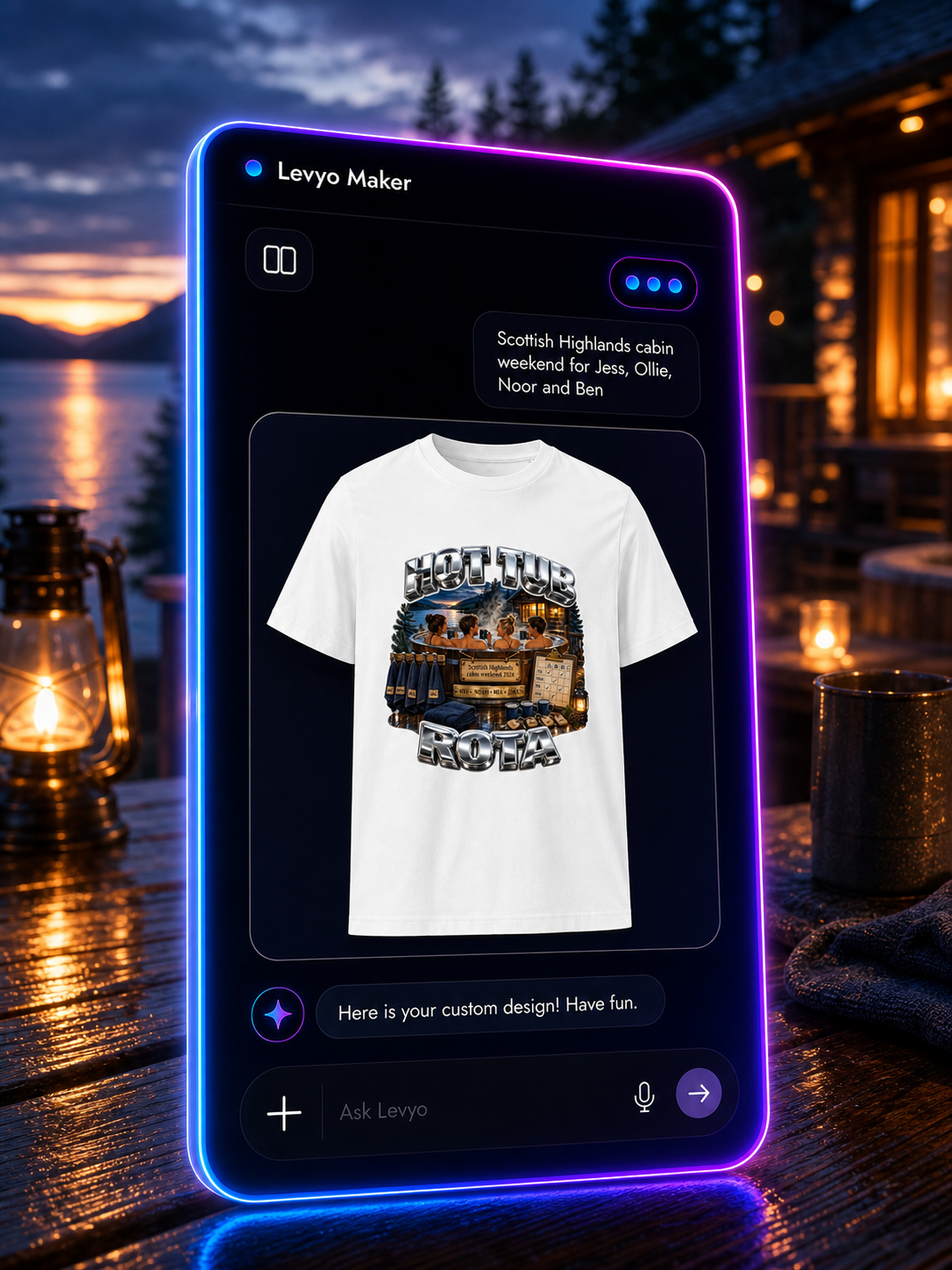 Levyo Maker result screen for cabin weekend t shirts