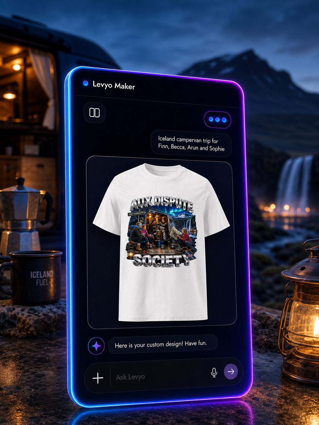 Levyo Maker result screen for campervan trip t shirts