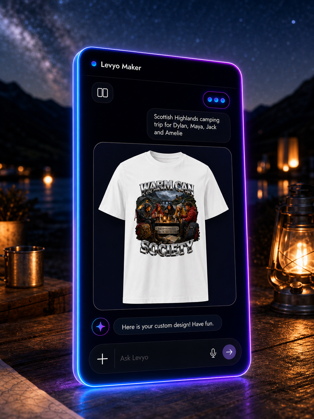 Levyo Maker result screen for camping trip t shirts