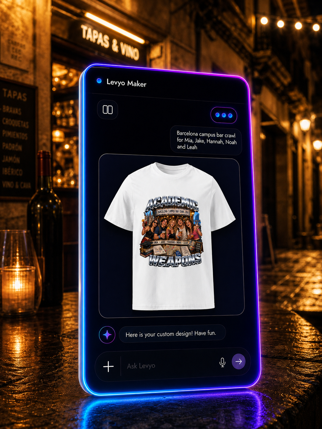 Levyo Maker result screen for campus bar crawl t shirts