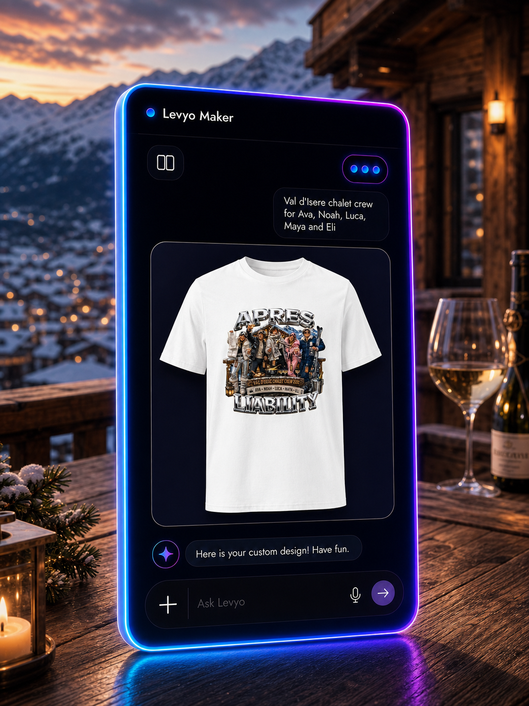 Levyo Maker result screen for chalet crew t shirts