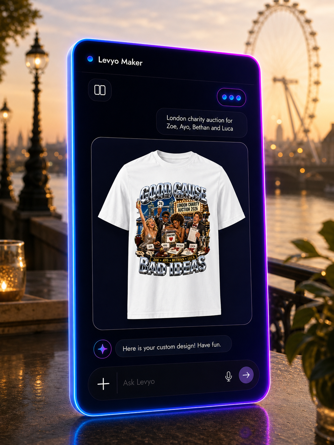 Levyo Maker result screen for charity auction t shirts