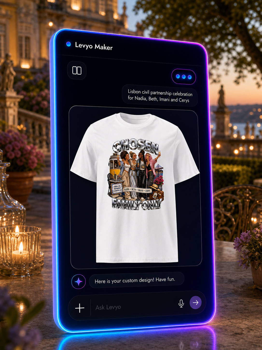 Levyo Maker result screen for civil partnership celebration t shirts