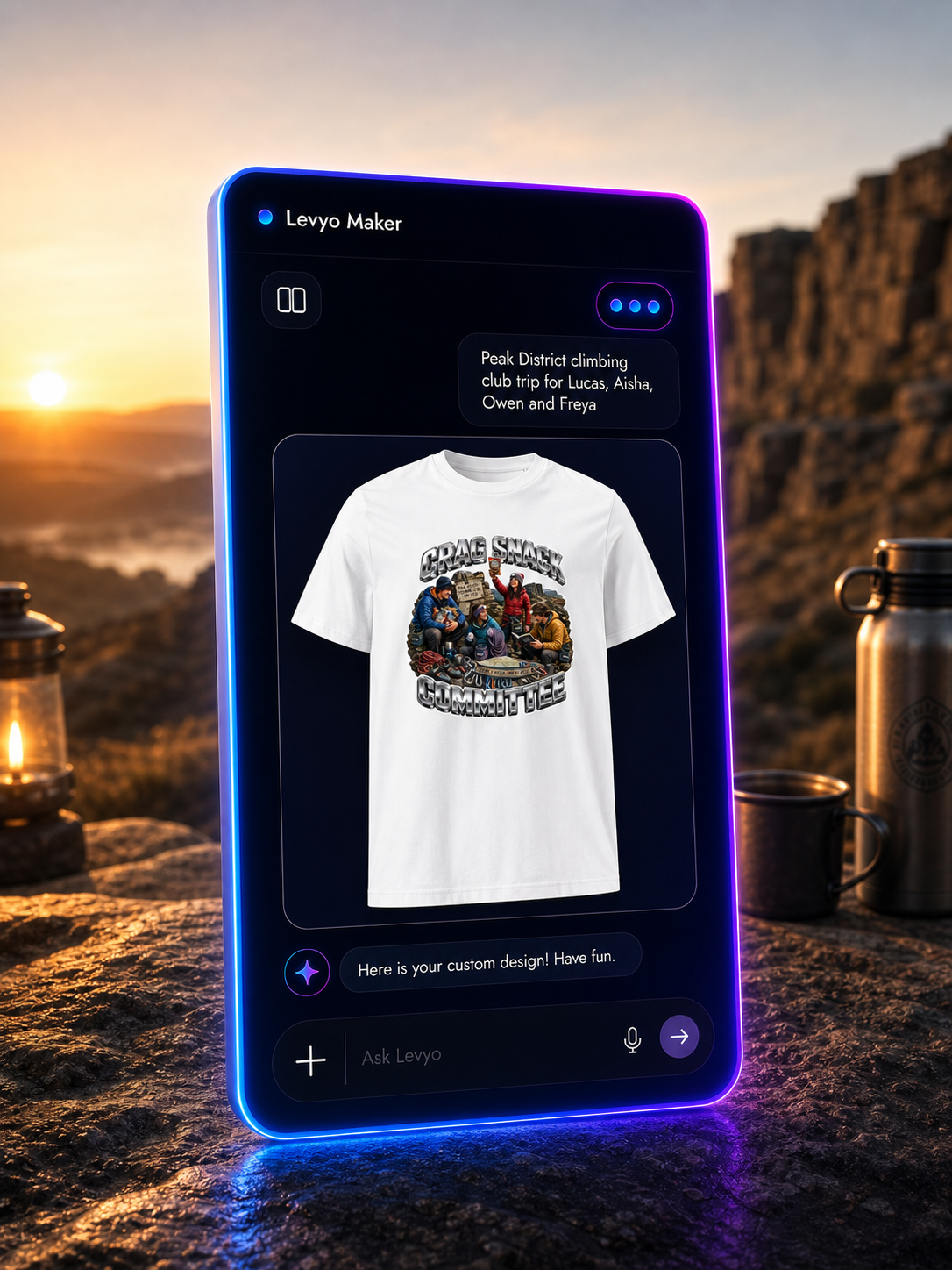Levyo Maker result screen for climbing club trip t shirts