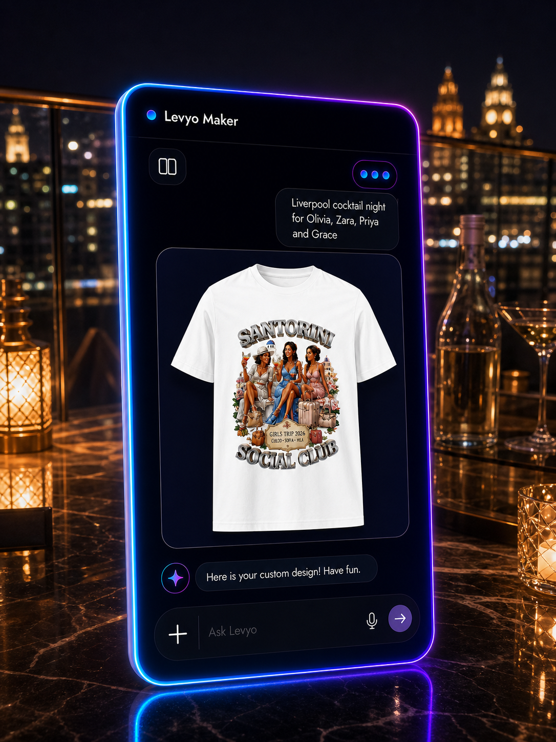 Levyo Maker result screen for cocktail night t shirts