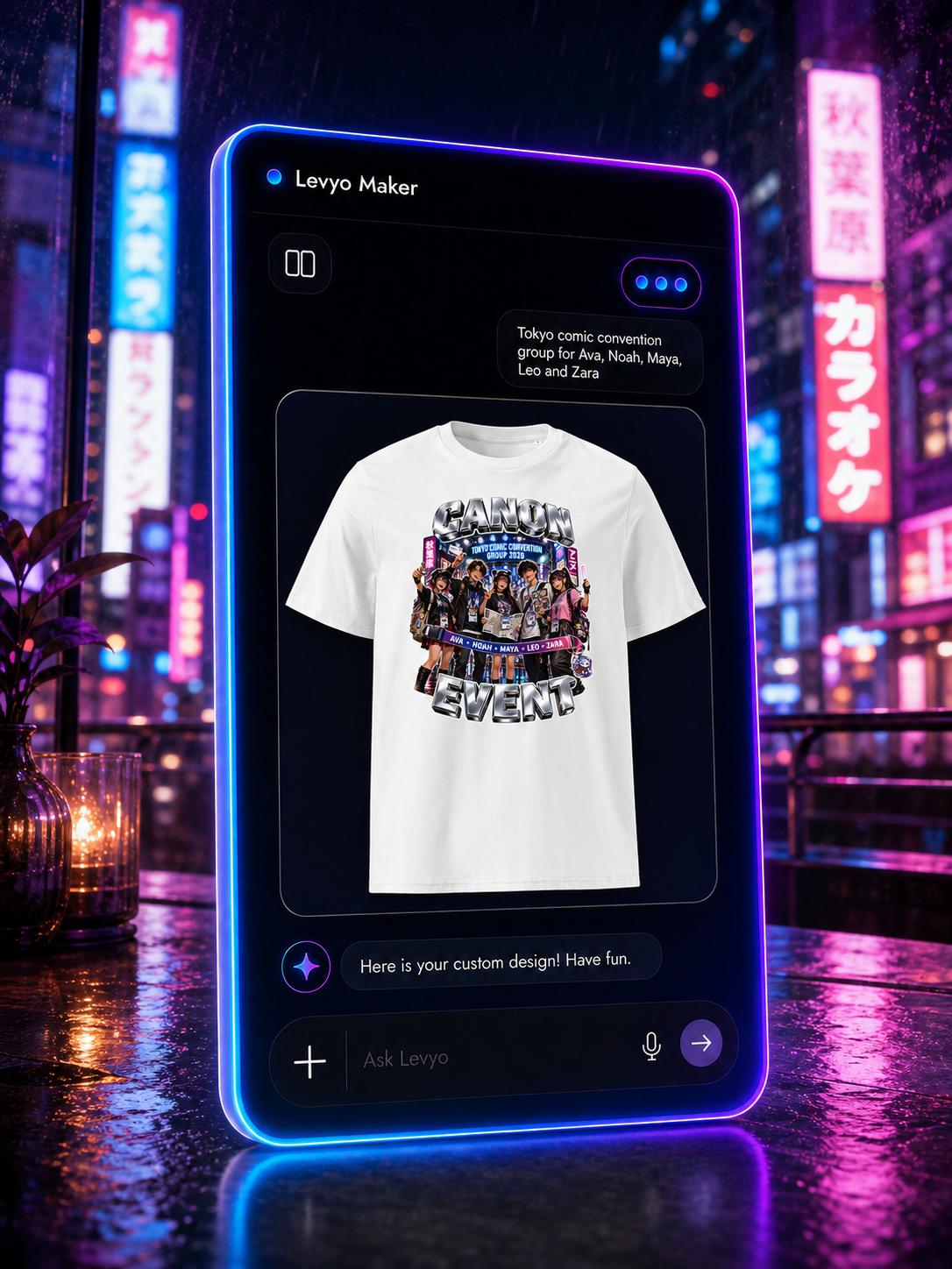 Levyo Maker result screen for comic convention group t shirts