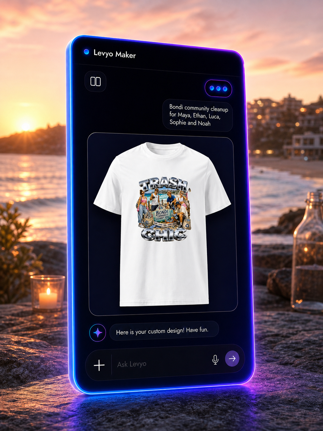 Levyo Maker result screen for community cleanup t shirts