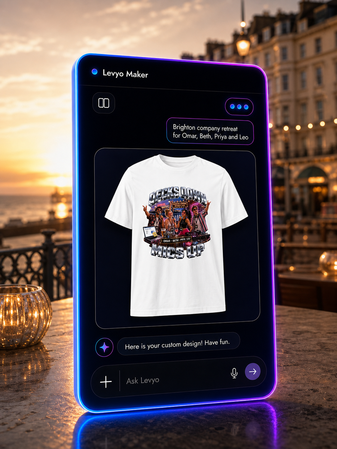 Levyo Maker result screen for company retreat t shirts