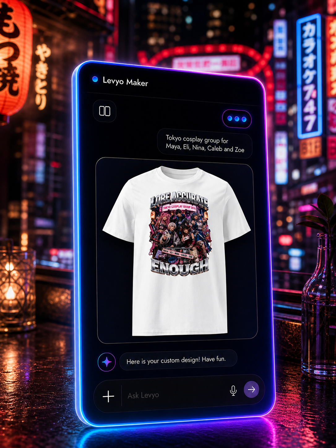 Levyo Maker result screen for cosplay group t shirts