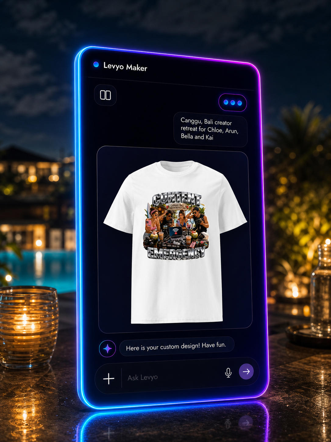 Levyo Maker result screen for creator retreat t shirts