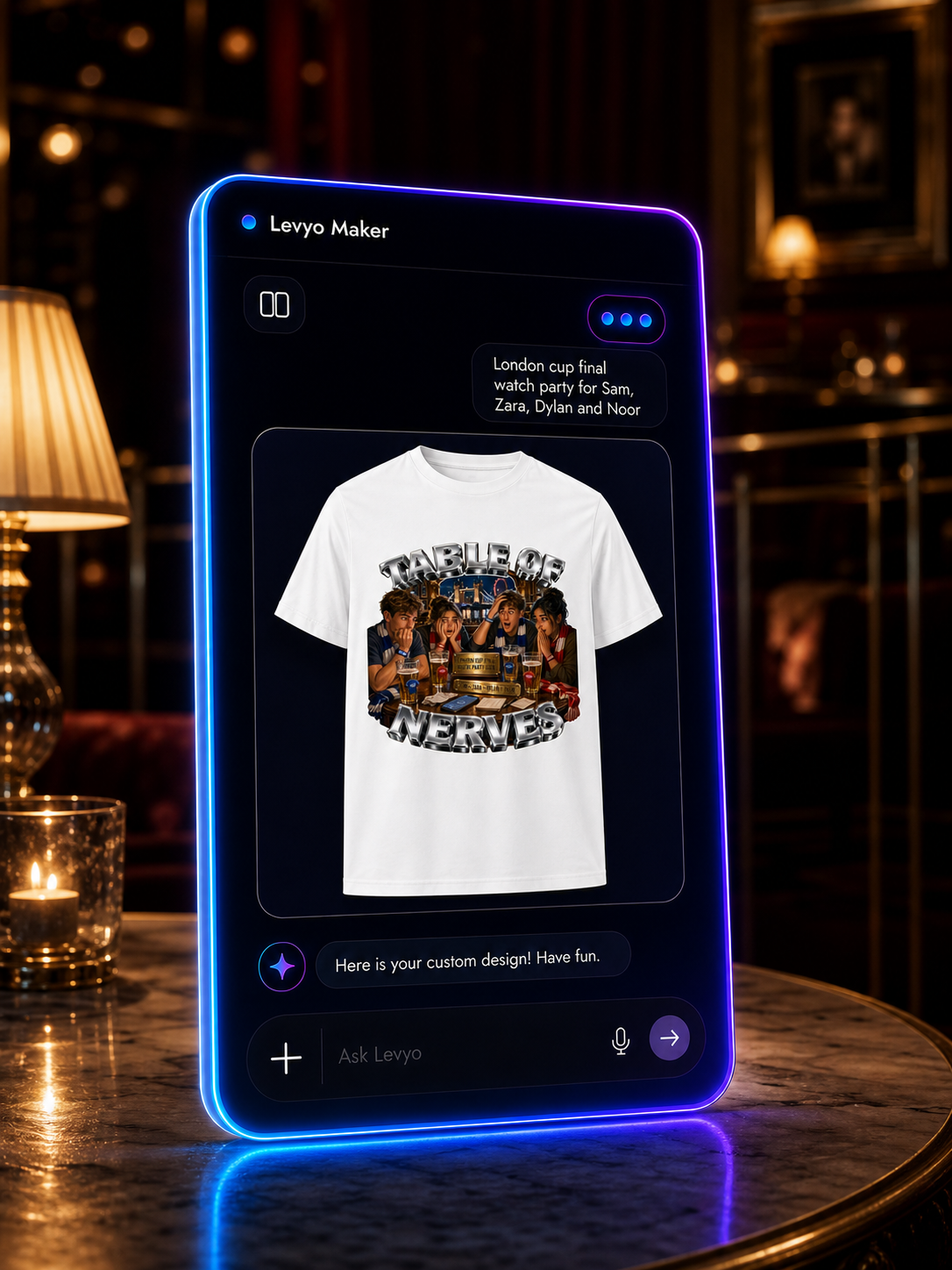 Levyo Maker result screen for cup final watch party t shirts