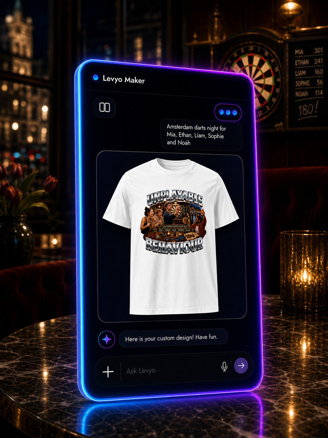 Levyo Maker result screen for darts night t shirts