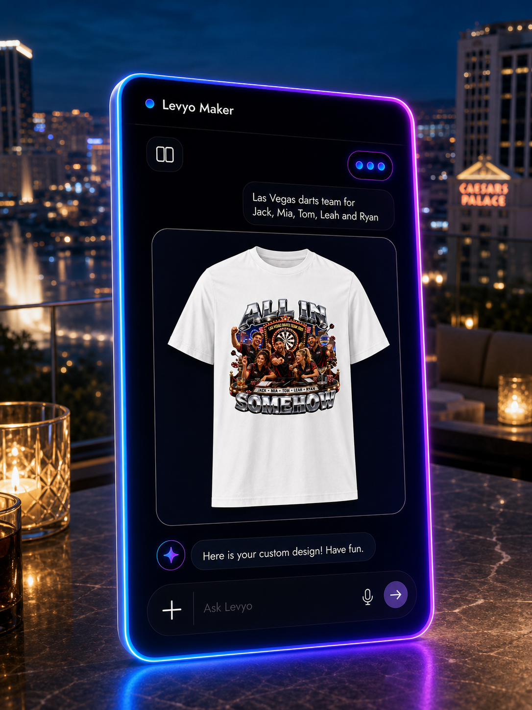 Levyo Maker result screen for darts team t shirts