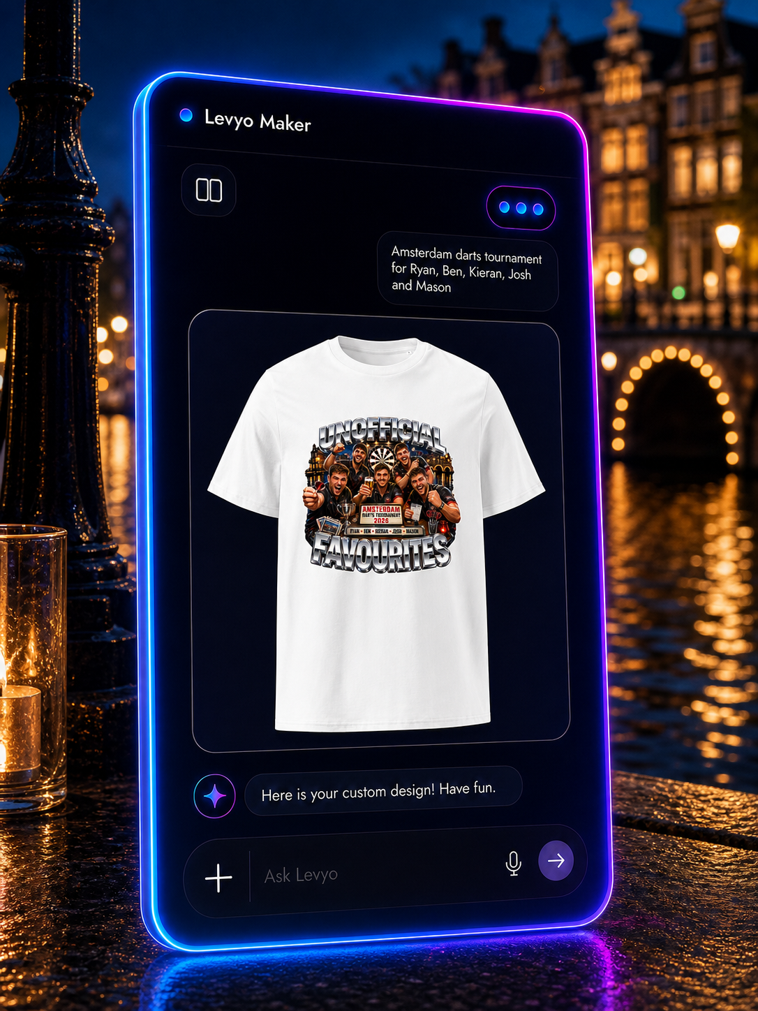 Levyo Maker result screen for darts tournament t shirts