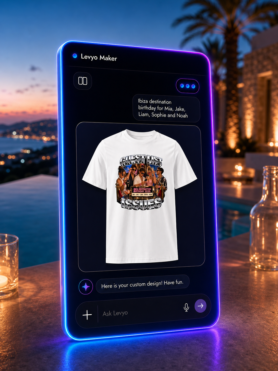 Levyo Maker result screen for destination birthday t shirts