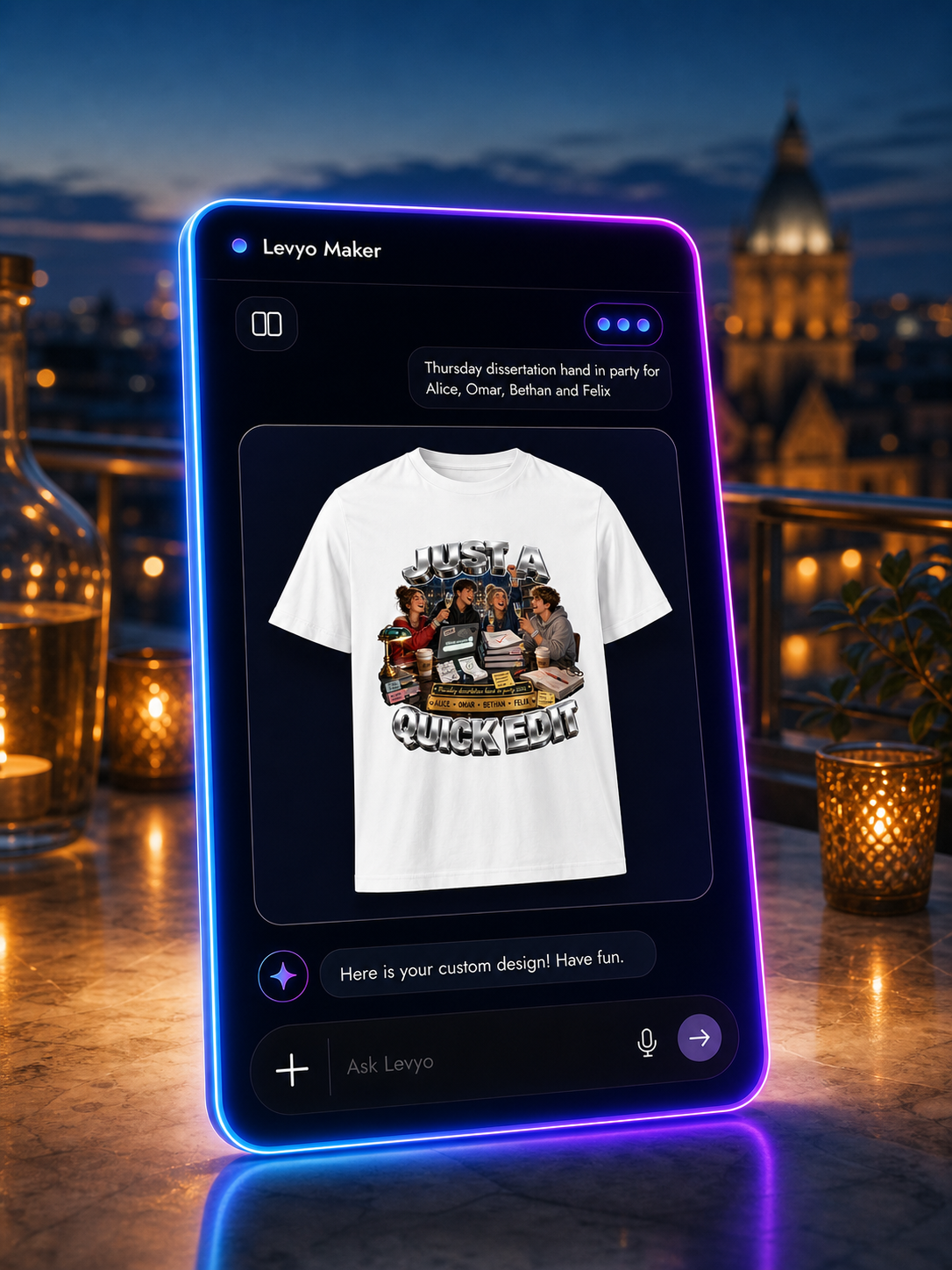 Levyo Maker result screen for dissertation hand in party t shirts