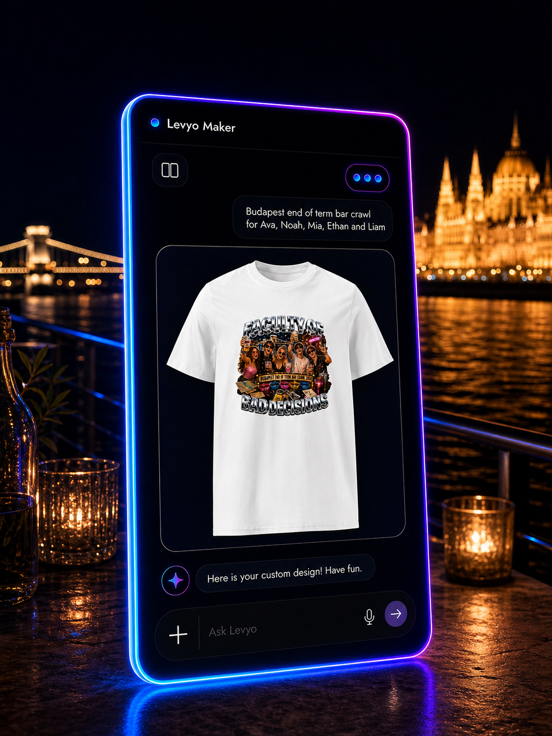 Levyo Maker result screen for end of term bar crawl t shirts