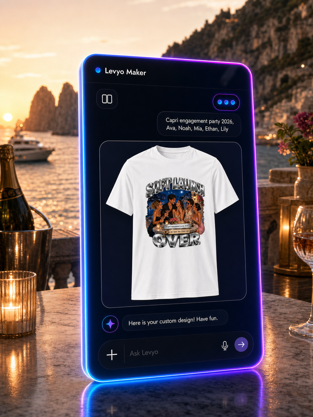 Levyo Maker result screen showing an engagement party shirt design preview