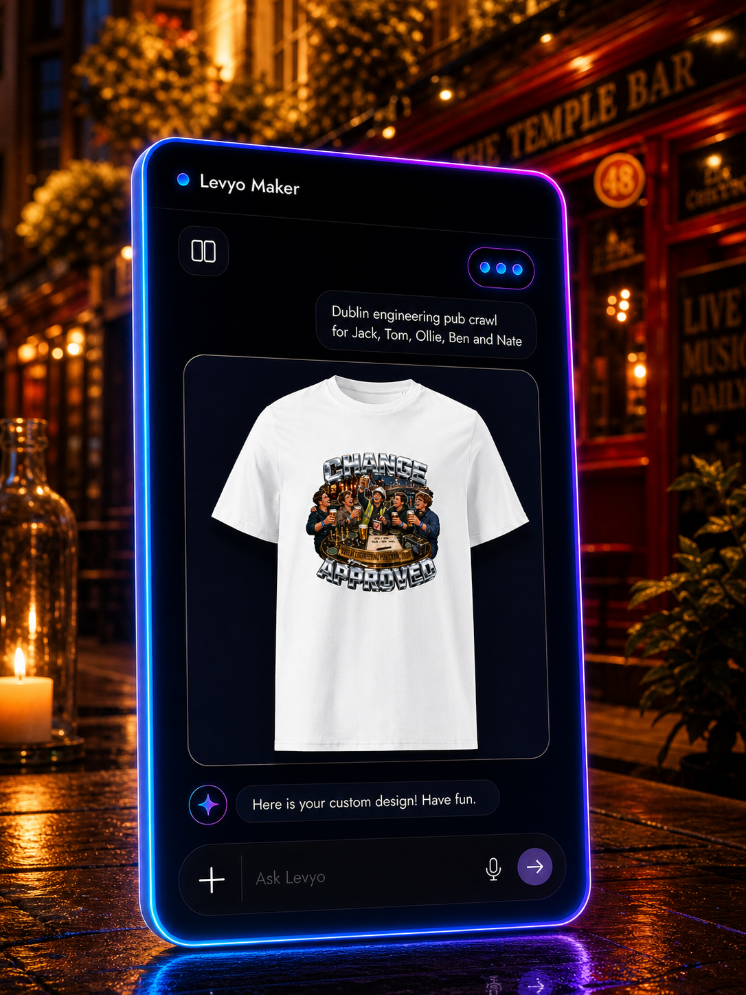 Levyo Maker result screen for engineering pub crawl t shirts