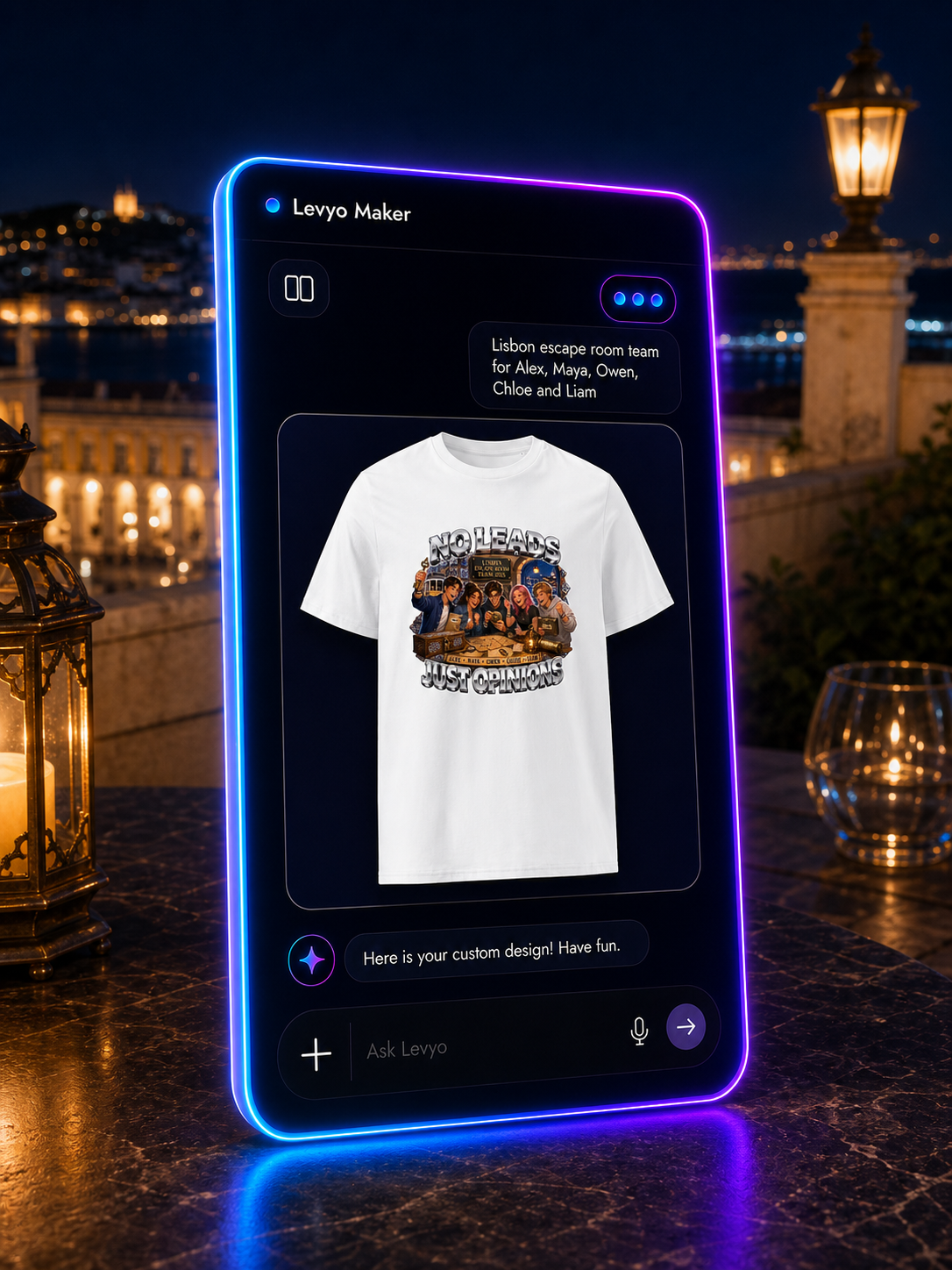 Levyo Maker result screen for escape room team t shirts