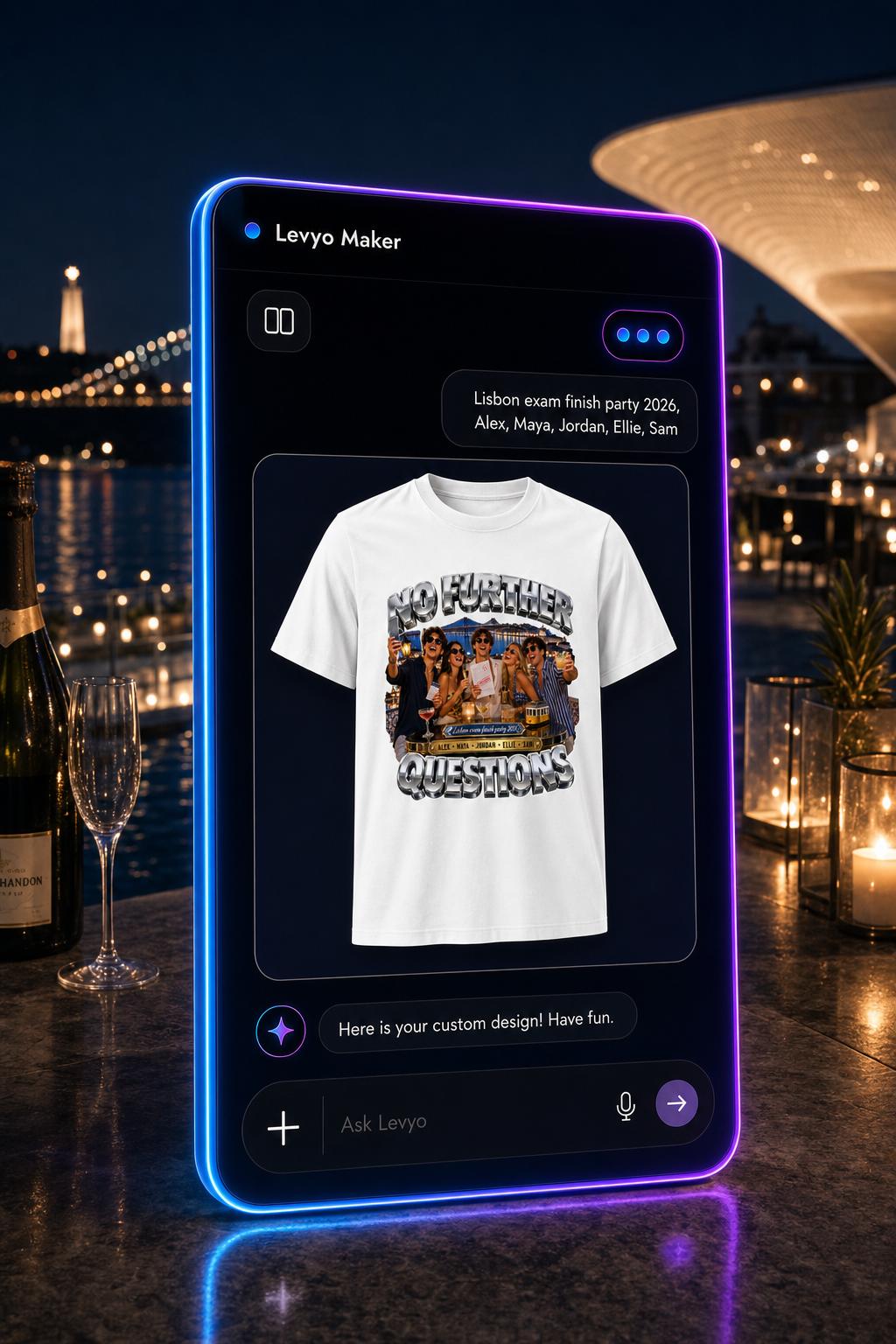 Levyo Maker result screen showing an exam finish party shirt design preview