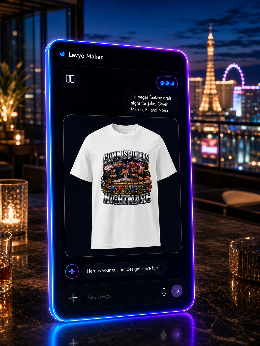 Levyo Maker result screen for fantasy draft night t shirts