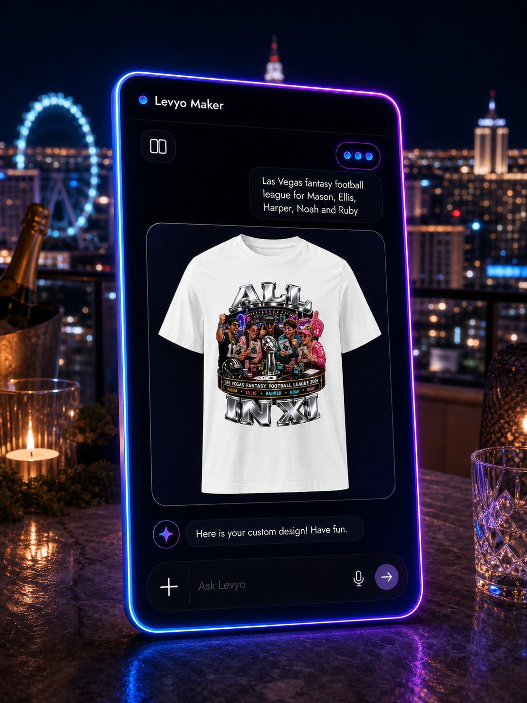 Levyo Maker result screen for fantasy football league t shirts
