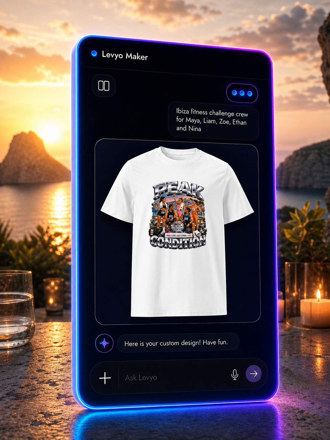 Levyo Maker result screen for fitness challenge crew t shirts