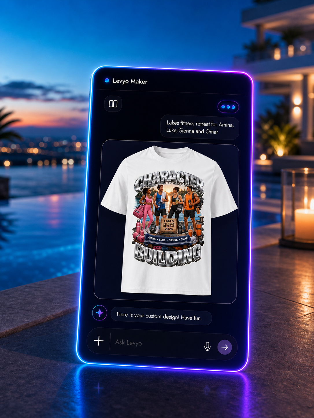 Levyo Maker result screen for fitness retreat t shirts
