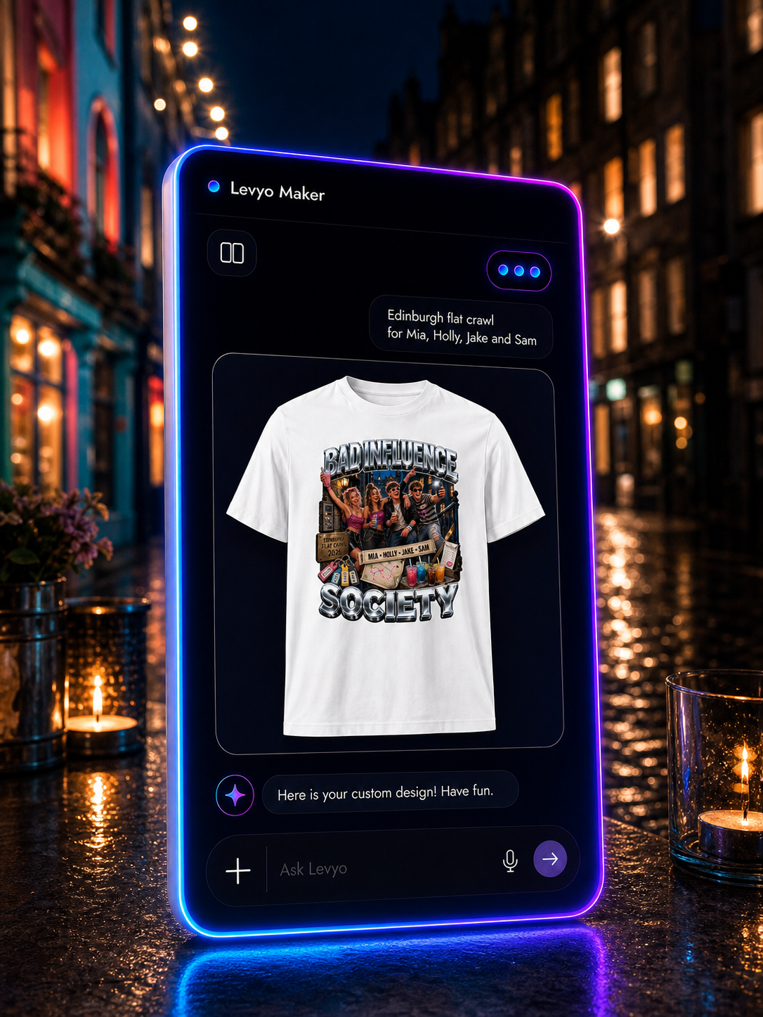 Levyo Maker result screen for flat crawl t shirts