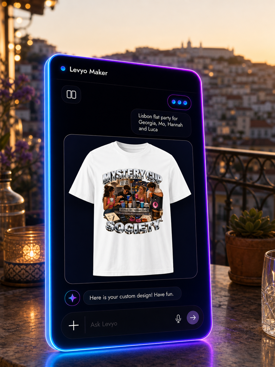 Levyo Maker result screen for flat party t shirts