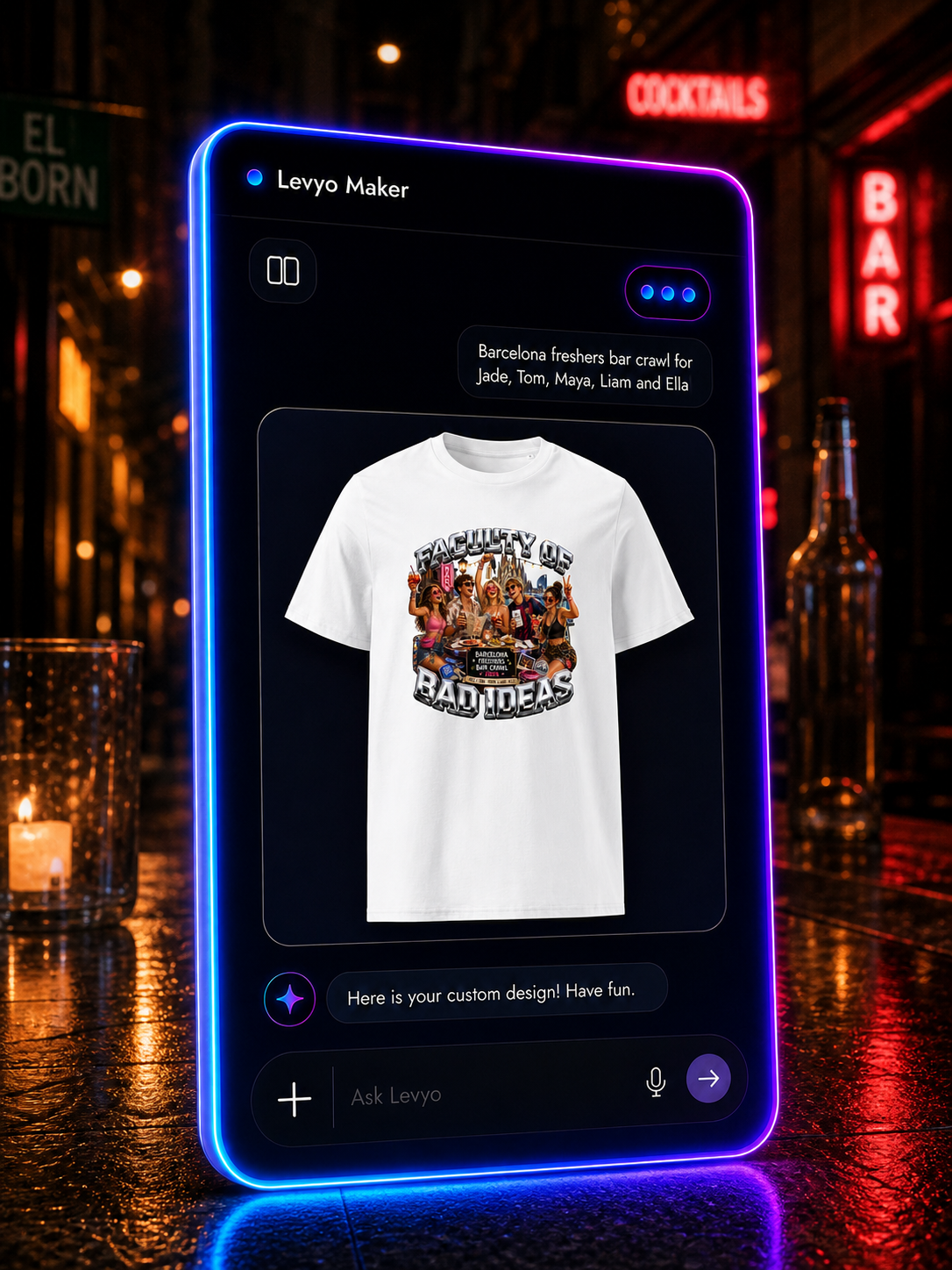 Levyo Maker result screen for freshers bar crawl t shirts