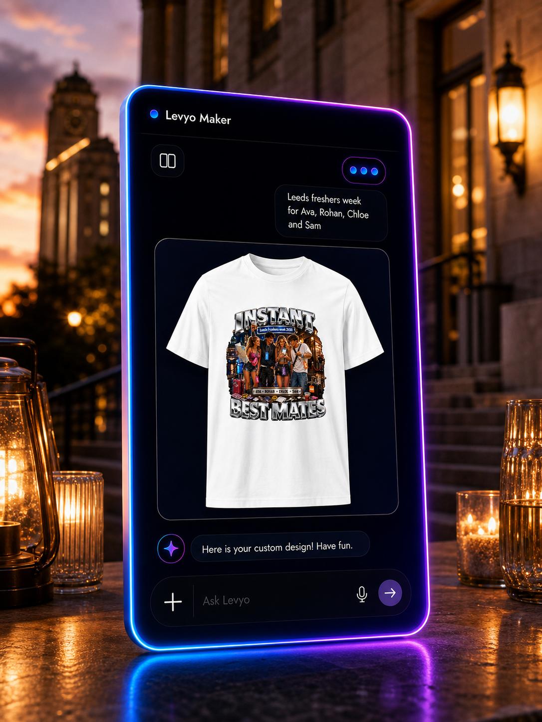 Levyo Maker result screen for freshers week t shirts