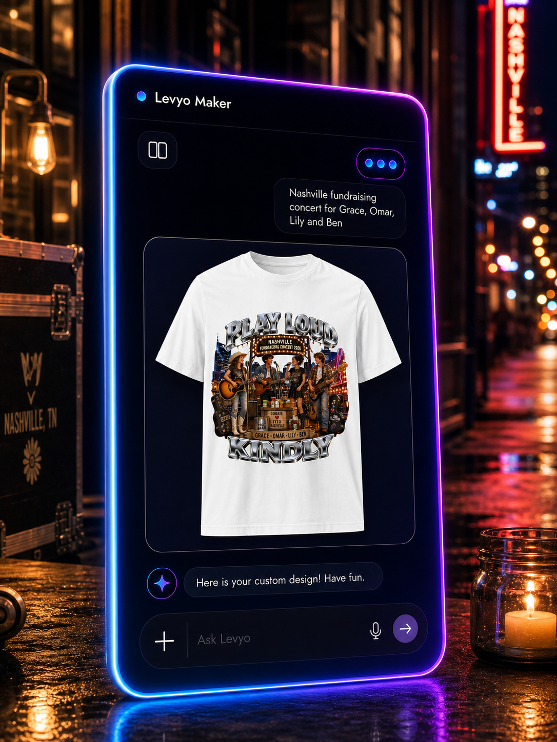 Levyo Maker result screen for fundraising concert t shirts