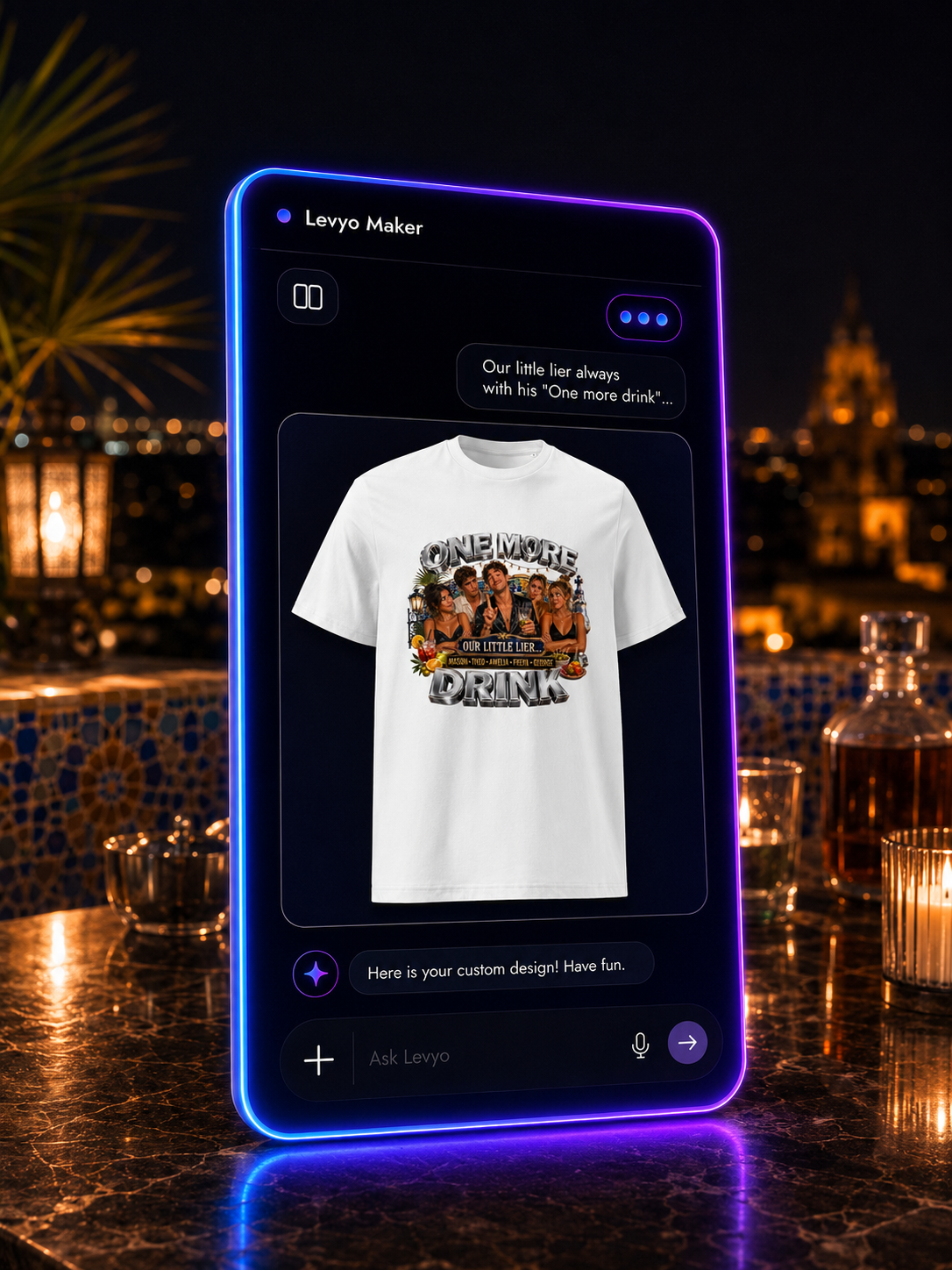 Ask Levyo turning a messy inside-joke line into the first shirt mockup on screen
