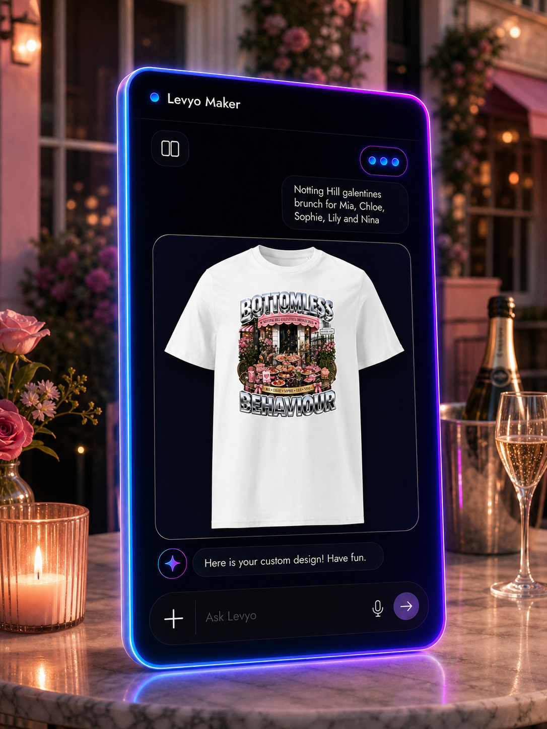 Levyo Maker result screen for galentines brunch t shirts