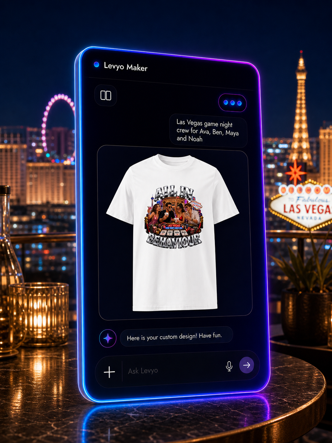 Levyo Maker result screen for game night crew t shirts