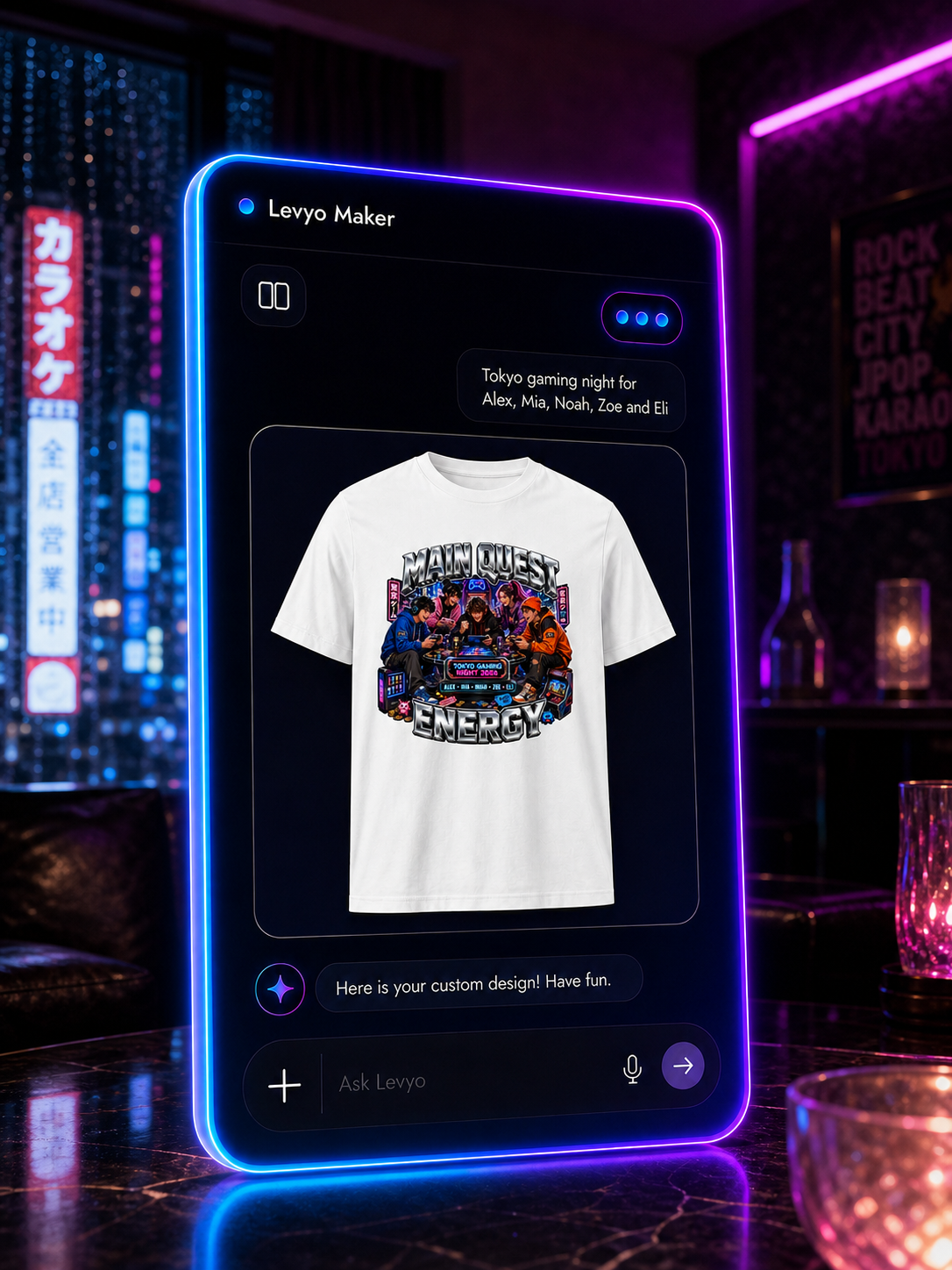 Levyo Maker result screen for gaming night t shirts