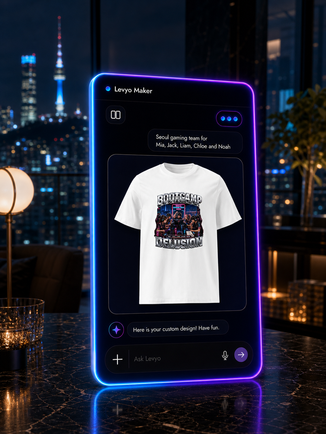 Levyo Maker result screen for gaming team t shirts