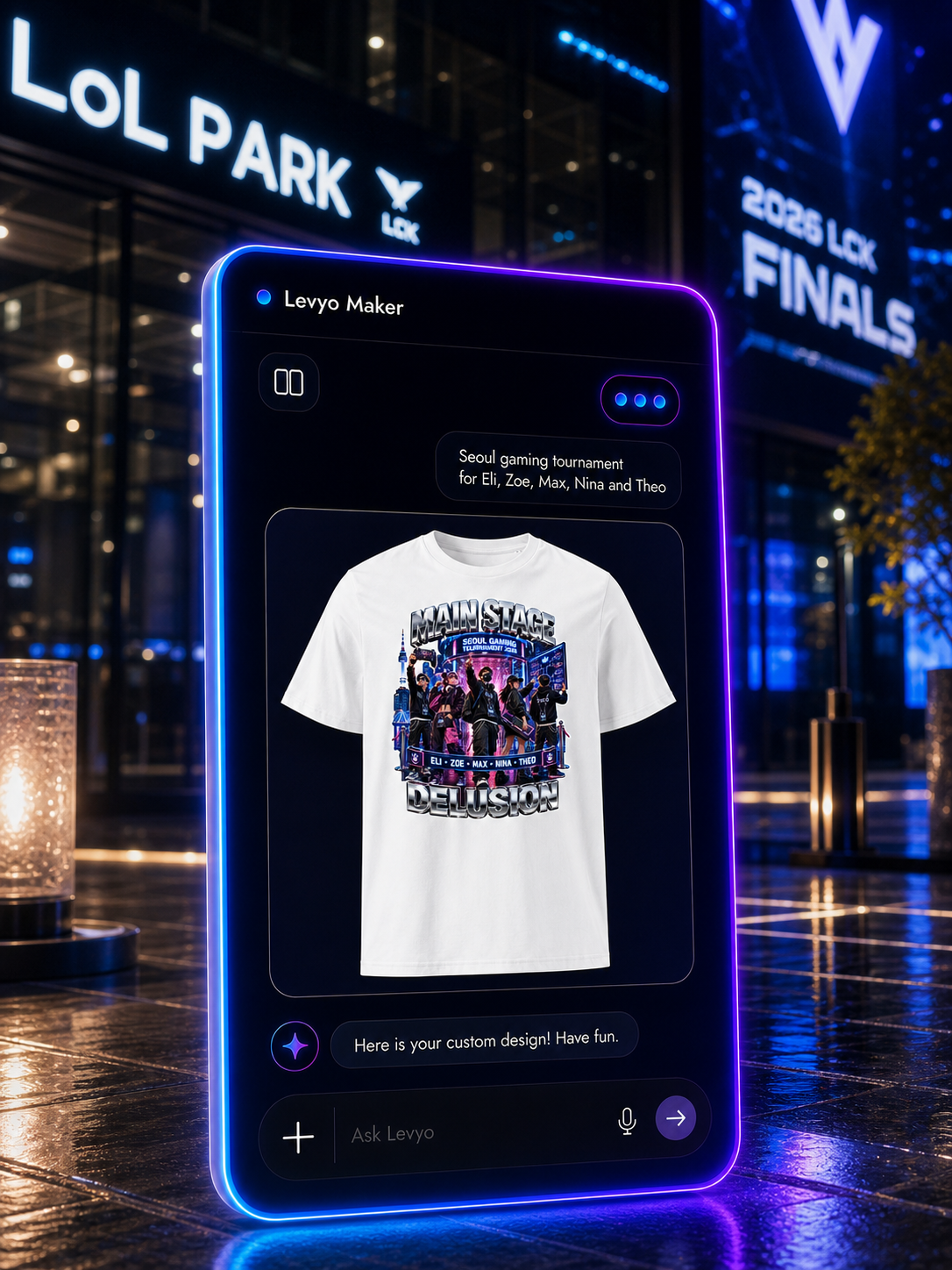 Levyo Maker result screen for gaming tournament t shirts